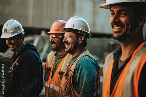 A group of cheerful and dedicated construction workers taking a break from their duties.