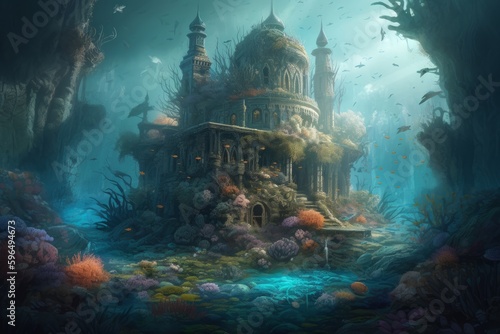 Futuristic Underwater Castle with Fish and Corals, Generative AI