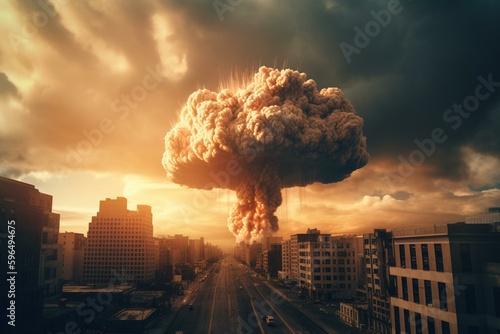 At sundown, a nuclear explosion forms mushroom cloud over city's skyline, annihilating skyscrapers on the street. Generative AI