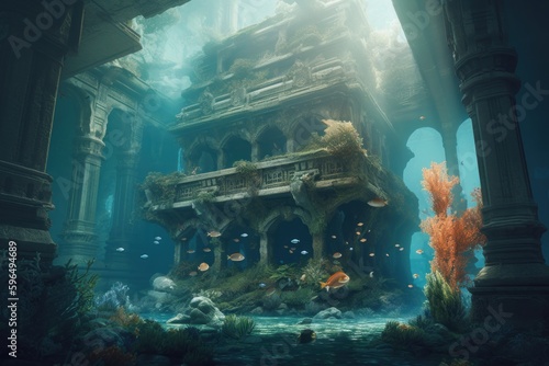 Futuristic Underwater Castle with Fish and Corals, Generative AI © avrezn