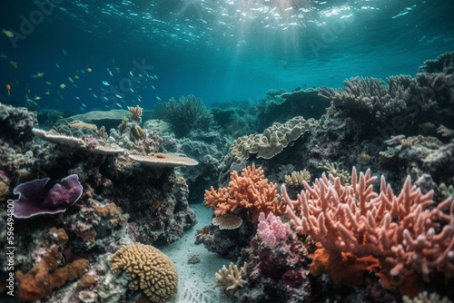 Underwater view of colorful coral reef and fish. Generative AI