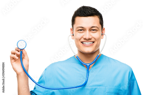 At your beck and call. Shot of a young male nurse using his stethoscope against a studio background.