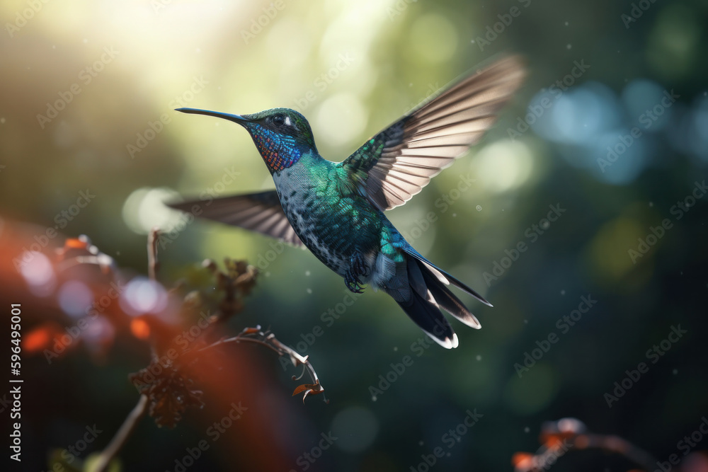 Obraz premium A hummingbird taking a break from its busy day to rest on a branch in the heart of a lush forest. A peaceful and serene moment captured on camera. AI Generative.