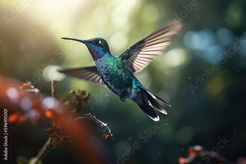 A hummingbird taking a break from its busy day to rest on a branch in the heart of a lush forest. A peaceful and serene moment captured on camera. AI Generative. © sorapop