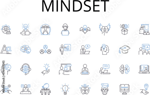 Mindset line icons collection. Attitude, Perspective, Outlook, Philosophy, Belief system, Mentality, Worldview vector and linear illustration. Approach,Frame of mind,State of mind Generative AI