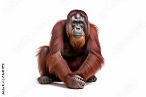 An orangutan is sitting on a white background. AI generative image. © ruang