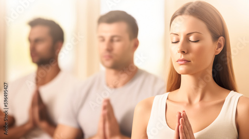 Yoga group concept. Young couple meditating together, sitting back to back on windows background, copy space, digital ai