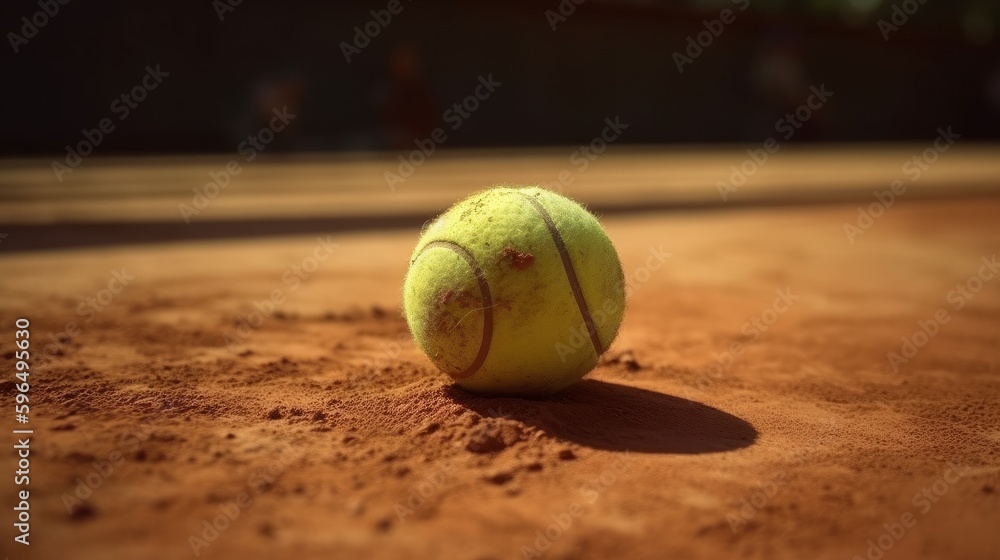 Close up of tennis ball on the red tennis court, generative ai
