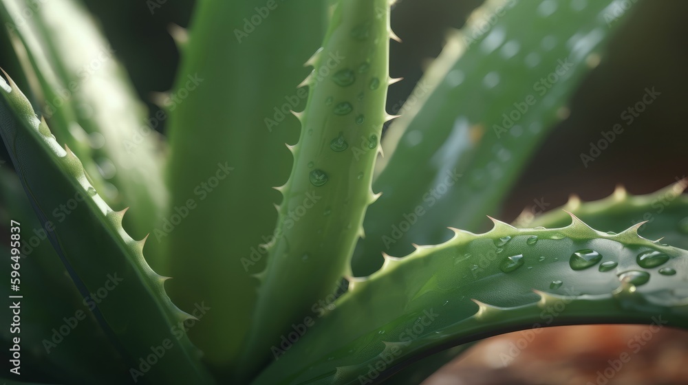 Closeup of aloe tropical plant leaves with rain drops. Green natural backdrop. Generative AI Closeup of aloe tropical plant leaves with rain drops. Green natural backdrop. Generative AI