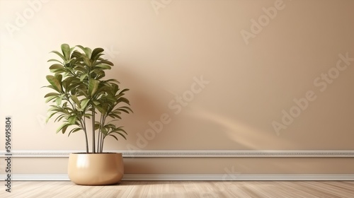 Blank beige wall in house with tropical tree on wooden parquet for luxury interior background Generative AI