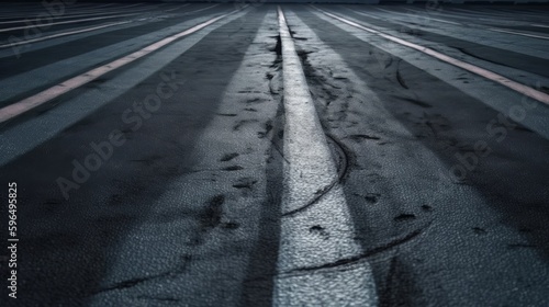 Aerial view tire track mark on asphalt tarmac road race. Generative ai