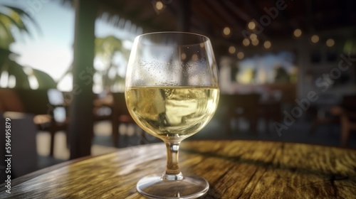 Art glass of white wine at a tropical beach. Generative ai