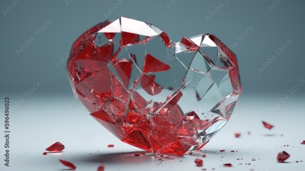 Broken Red Heart with Shattered Glass Texture. Generative ai