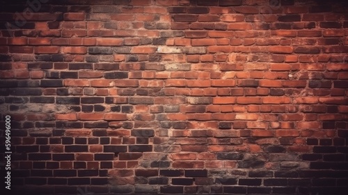 Old brick wall with shade of spot light. Horizontal wide brick wall background. Generative ai