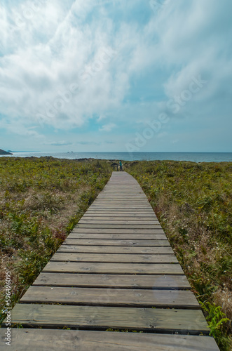 Wooden platforms that go towards the beach of Xago  in Asturias  surrounded by vegetation  on a sunny day  vertical view .