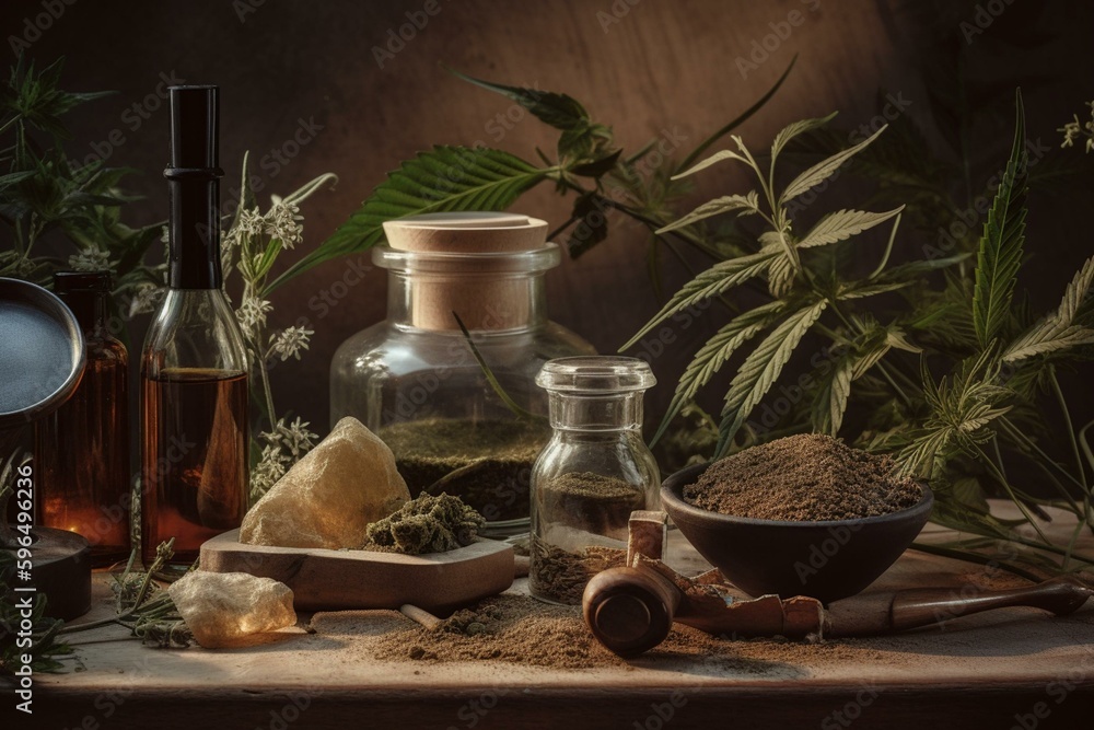 Illustration of cannabis as a natural healing medicine. Generative AI Illustration of cannabis as a natural healing medicine. Generative AI