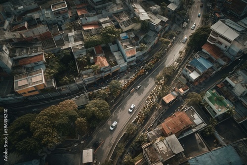 A bird's-eye view of a road surrounded by structures, vehicles, and vegetation. Generative AI