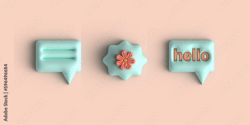 Set of three bubble speech 3d icons. Isolated on a light pink ...