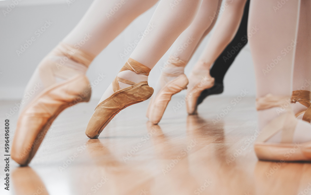 Ballet is incredible to watch. Shot of a group of ballerinas with toes pointed. - obrazy, fototapety, plakaty 