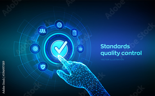 ISO standards quality control assurance warranty business technology concept. ISO standardization certification industry service concept. Robotic hand touching digital interface. Vector illustration.