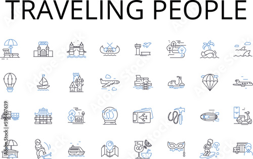 Traveling people line icons collection. Roaming nomads  Wanderlust enthusiasts  Exploring travelers  Adventurous tourists  Jet-setting voyagers  Wayfaring wanders  Peripatetic souls Generative AI