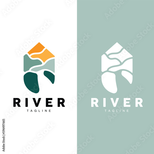 River Logo, Streamer Vector, River Bank, Mountains And Farm Design, Illustration Symbol Icon