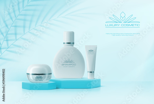 Light blue color podium with cosmetics mockup, vector ad banner. Cosmetic product display stand or stage with 3d realistic shampoo bottle, cream jar and tube with palm leaf shadow on wall