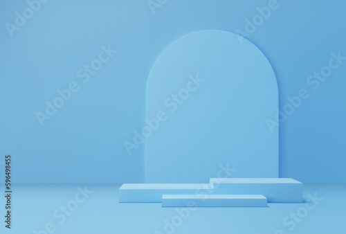 Light blue cosmetics podium. Fashion showcase space, exhibition gallery empty platform base or studio showroom, product presentation mock up 3d vector stand background with cubical podiums and arch