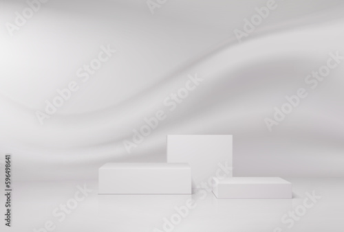 Light grey podium, display stand or platform 3d mockup, vector presentation. Realistic geometric pedestal or stage with smooth wave background. Cosmetics, winner award or jewelry display podium