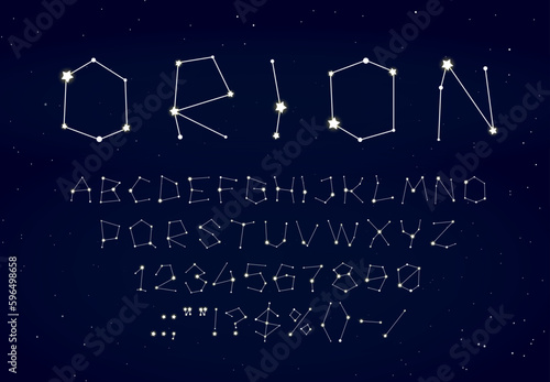 Star space font or type. Starry constellation typeface, galaxy alphabet letters and numbers on night sky background. Vector abc of twinkle stars with sparkles and shiny light, astrology and astronomy