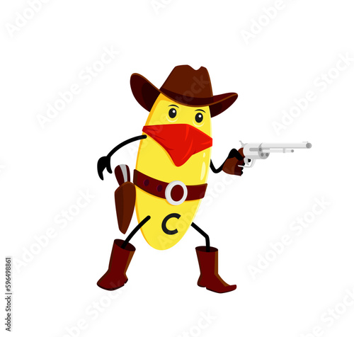 Cartoon vitamin C, Wild West robber bandit character in cowboy hat, vector Western robber. Funny vitamin C bandit with kerchief mask and shotgun or handgun, kids multivitamin cartoon mascot