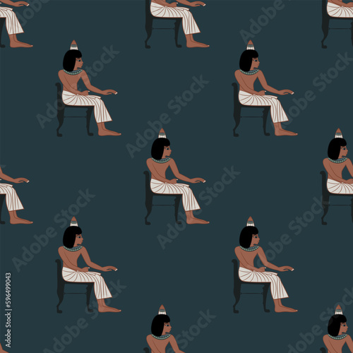 Seamless ethnic pattern with seated ancient Egyptian men or pharaohs. On dark background.