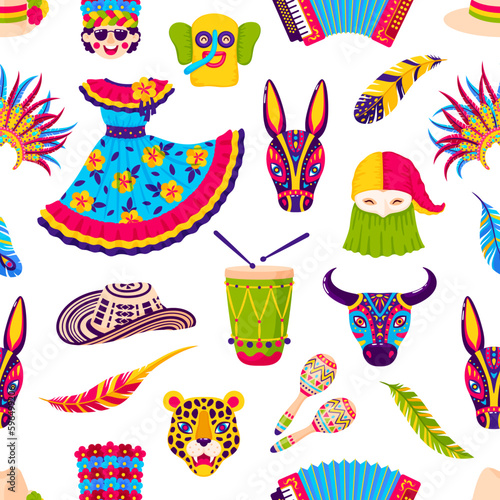 Barranquilla carnival seamless pattern. Vector tile background with holiday traditional feathers, crown, bright dress, hat, animal mask, maracas, accordion and drum for folkloric party celebration