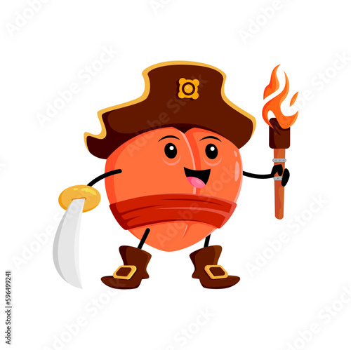 Cartoon peach fruit pirate and corsair character with saber and torch. Vector happy smiling apricot buccaneer in captain cocked hat. Isolated freebooter or picaroon book or game personage with sword
