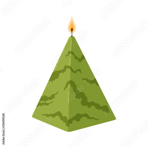 Aromatic spa candle for aromatherapy with fragrant scent, used to create a relaxing ambiance and promote wellbeing during self care procedures. Burning pyramid candlelight made of natural ingredients