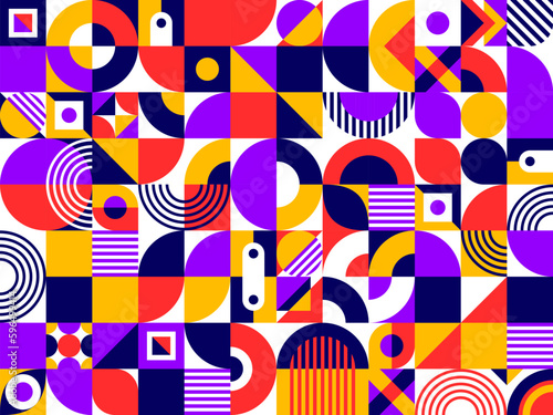 Abstract geometric bauhaus elements pattern background with vector color circles, squares, triangles, round lines and dots. Modern bauhaus seamless background of simple geometric shapes and figures