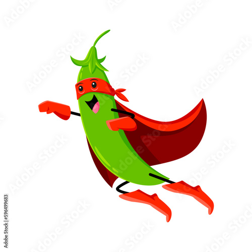 Cartoon legume or green pea superhero character, flying with a determined expression on face, wear red cape and fights evil with superhuman strength, powered by a diet of nutritious beans and nuts