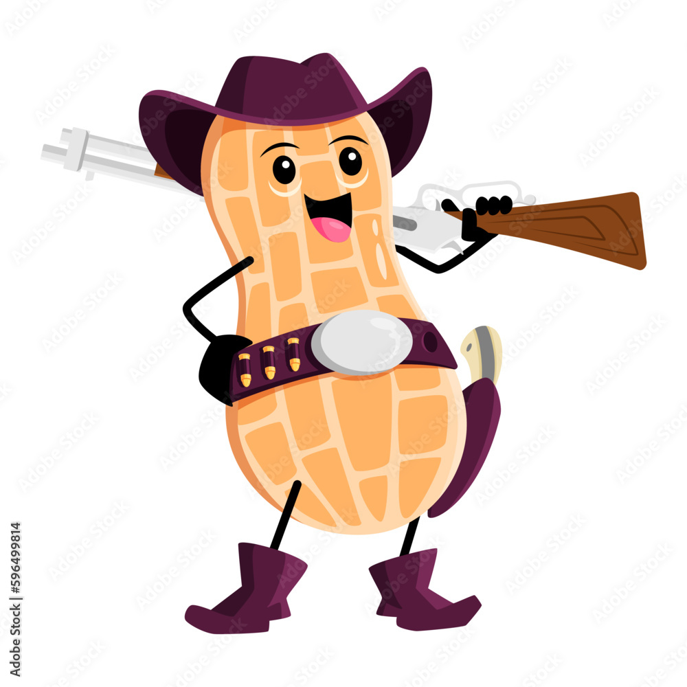 Cartoon peanut cowboy character. Funny vector nut pod ranger, bandit or robber stand with rifle