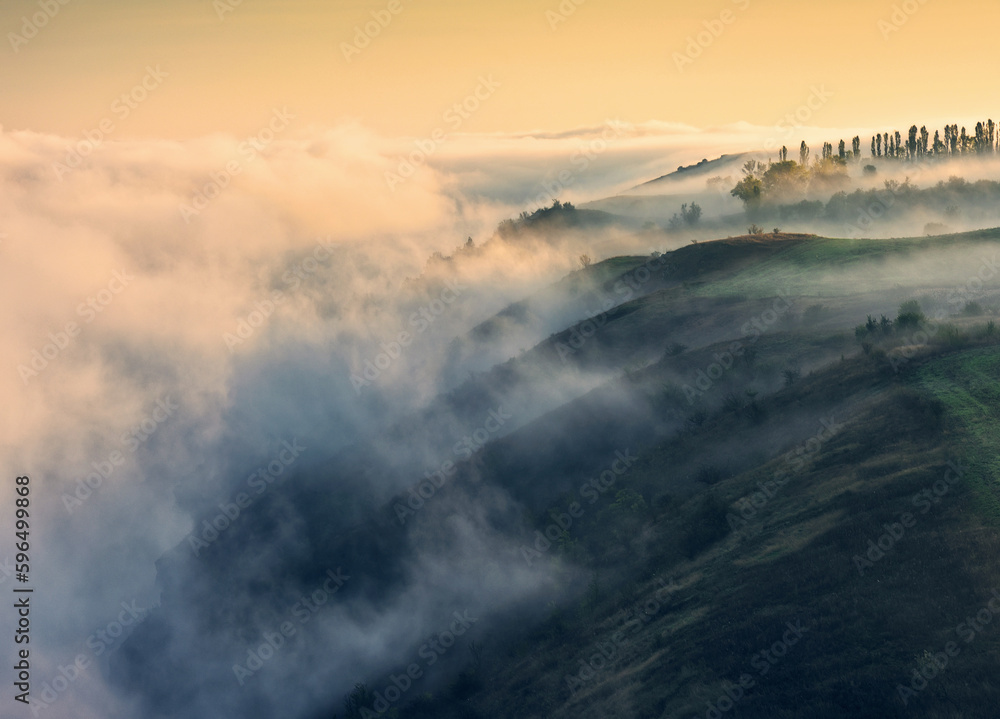 fog in the canyon. Autumn morning in the Dnister river valley. Nature of Ukraine