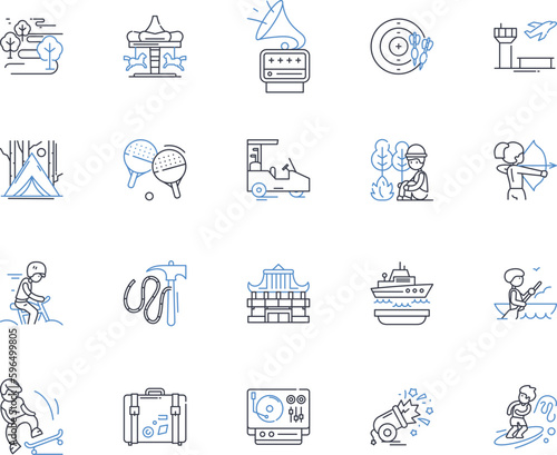 Voyage line icons collection. Exploration, Adventure, Journey, Expedition, Expeditionary, Trek, Pilgrimage vector and linear illustration. Odyssey,Safari,Tour outline signs set Generative AI
