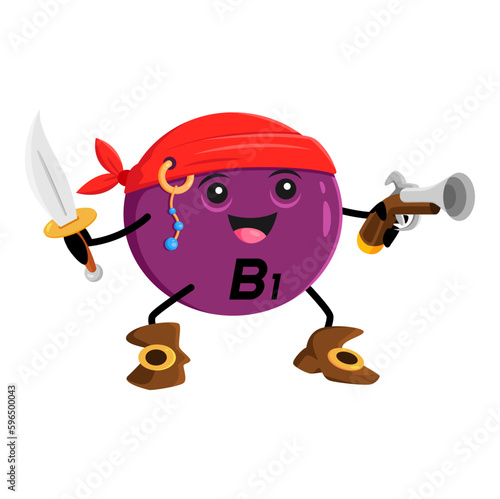 Cartoon vitamin B1 corsair, Thiamine micronutrient pirate character pill dressed up as a adventurous sailor sea dog with saber and gun in hands. Medication supplement capsule in filibuster costume