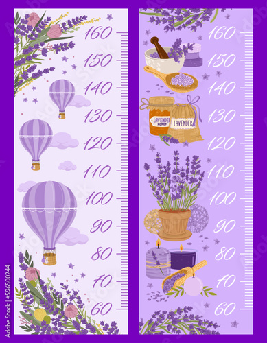 Height chart ruler with lavender. Kids growth meter, vector wall sticker for height measurement scale with cartoon flowers, hot air balloons, spa items and ingredients as aroma candle, soap and herbs