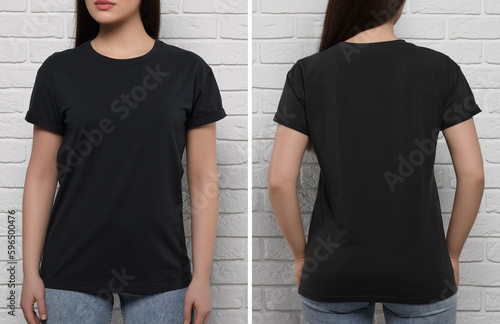 Woman wearing black t-shirt near white brick wall, back and front view. Mockup for design
