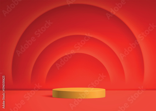 Podium display for cosmetic background. Studio stage with shadow of background and circles on wall. Realistic vector illustration of gold pedestal on red background