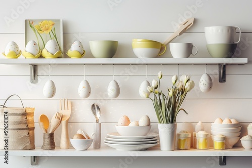 Easter-themed kitchen items on white shelf with banner and copy space for spring cooking concept. Keywords: Easter, kitchenware, utensils, decor, white, shelf, counter, banner, spring,. Generative AI