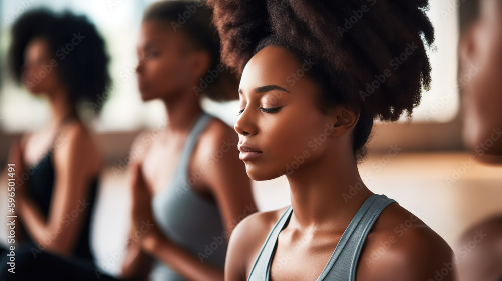 Yoga group concept. Group of Yogi black women meditating together, sitting back to back on windows background, copy space, digital ai Yoga group concept. Group of Yogi black women meditating together, sitting back to back on windows background, copy space, digital ai