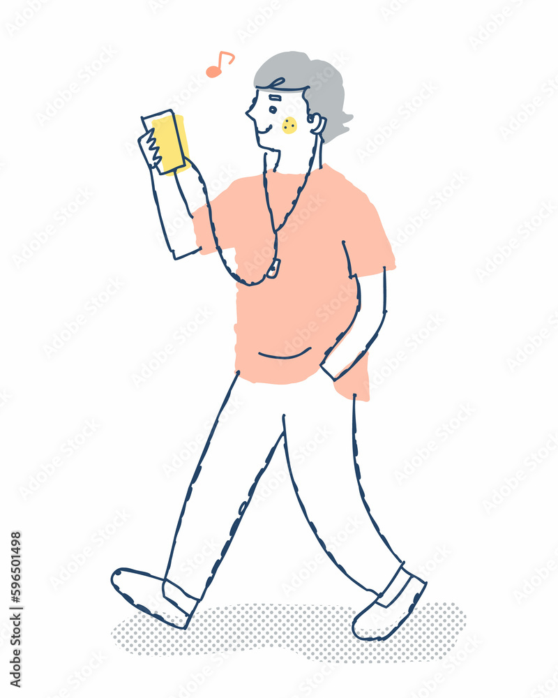 Obraz premium スマホで音楽を聴きながら歩く若い男性