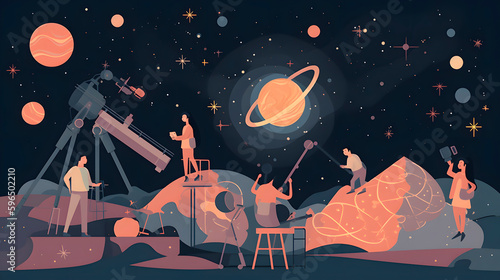 Foto Join the fun with a group of friendly cartoon astronomers as they celebrate Astronomy Day under a starry night sky