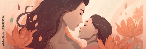 Illustration of mother with her little child  flower in the background  Concept of mothers day  mothers love  relationships between mother and child  Banner  Generative AI