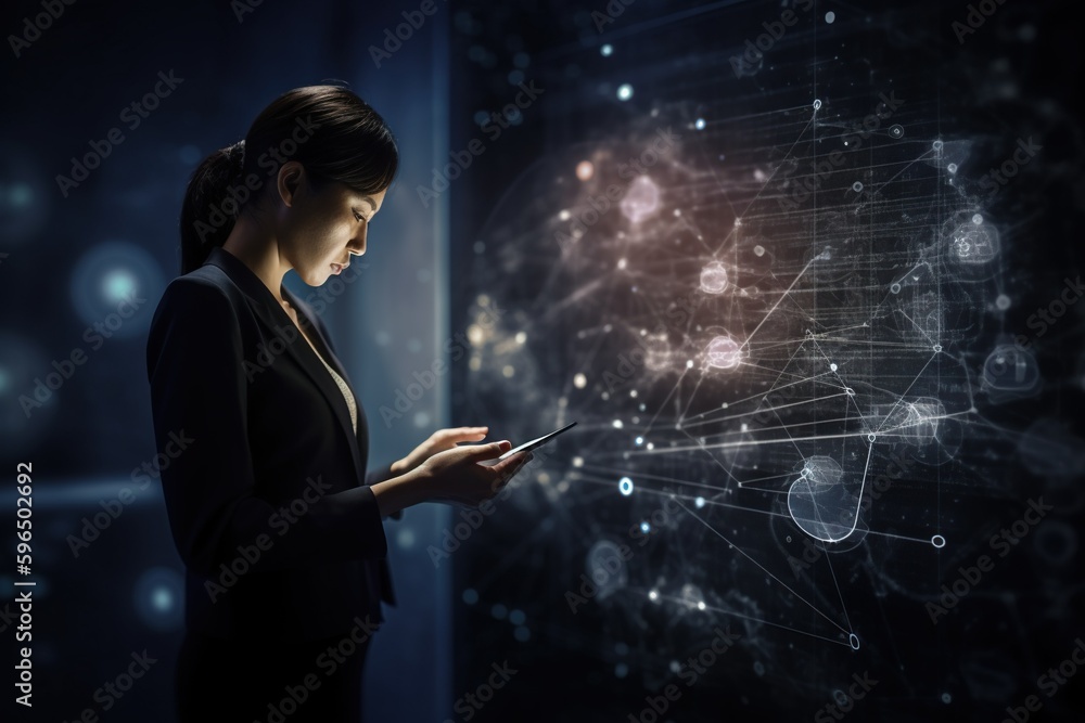 The concept of data science and digital technology features a computer science engineer who is programming on a laptop. The engineer is working on big data processing using a virtual modern computer a The concept of data science and digital technology features a computer science engineer who is programming on a laptop. The engineer is working on big data processing using a virtual modern computer a